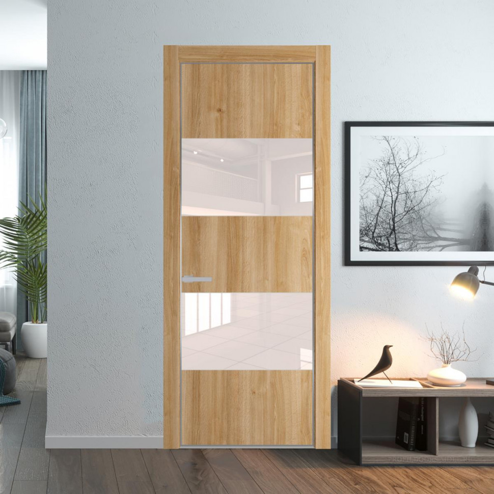 Межкомнатная дверь ProfilDoors 22NA Дуб Карамель профиль Серебро вставка Lacobel Перламутровый лак