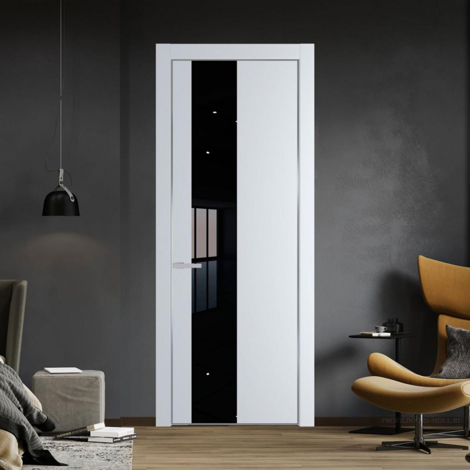 Межкомнатная дверь ProfilDoors 19 PE с вставкой из стекла черный лак Вайт с алюминиевой кромкой Серебро