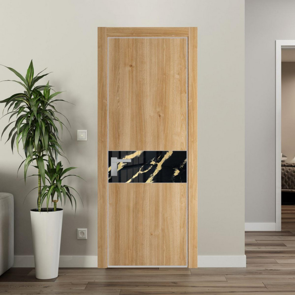 Межкомнатная дверь ProfilDoors 17 NE Дуб Карамель с кромкой Матовая с стекляной вставкой нефи черный узор золото