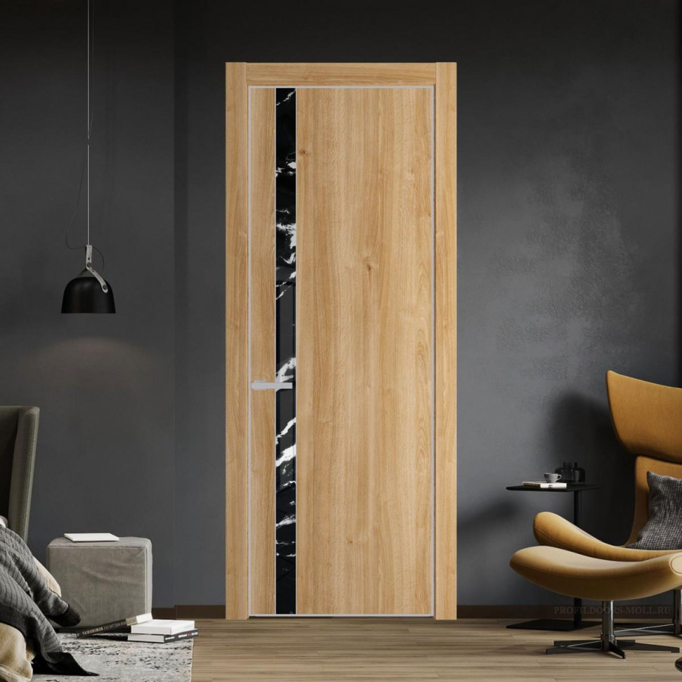 Межкомнатная дверь ProfilDoors 18 NE Дуб Карамель с кромкой Матовая с стекляной вставкой нефи черный узор серебро