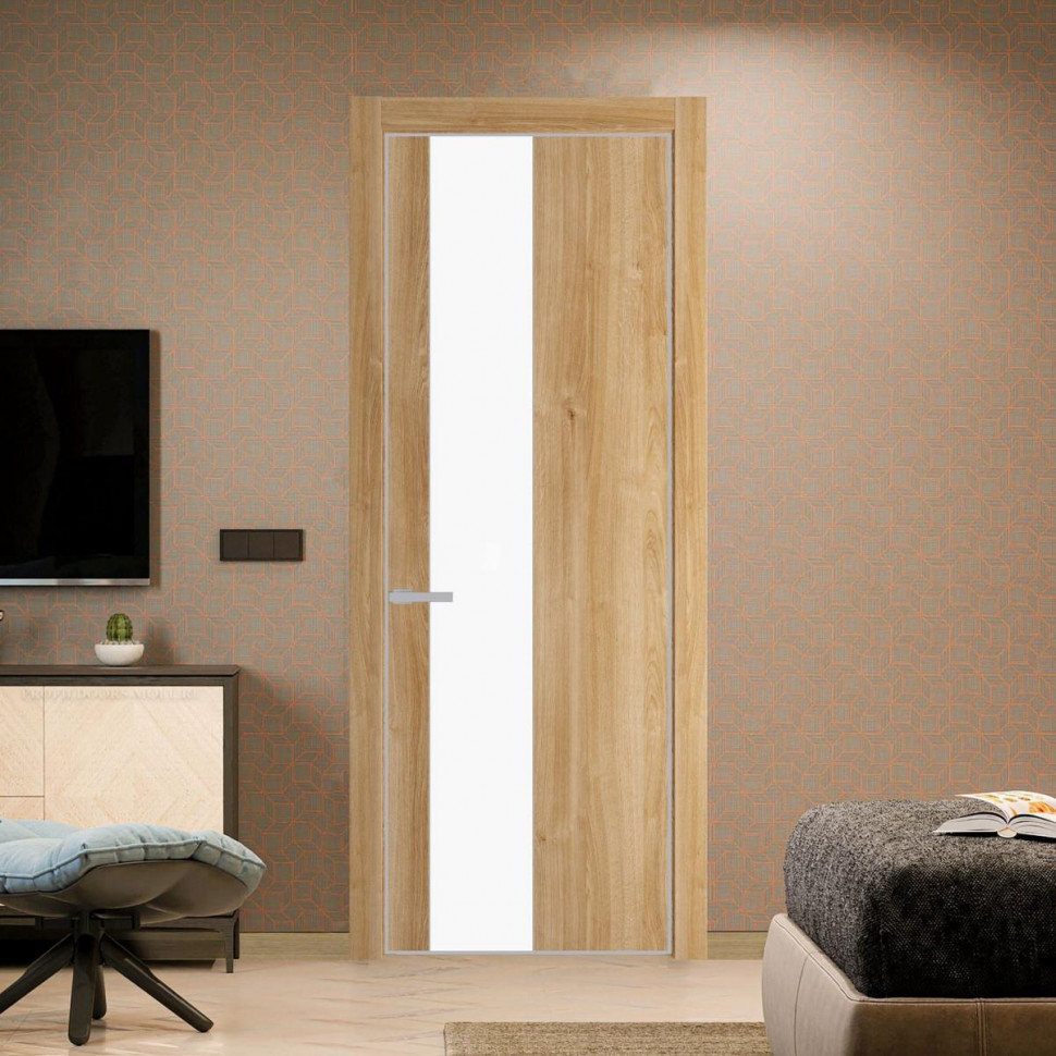 Межкомнатная дверь ProfilDoors 19 NE Дуб Карамель с кромкой Матовая с стекляной вставкой монохром белый просветленный