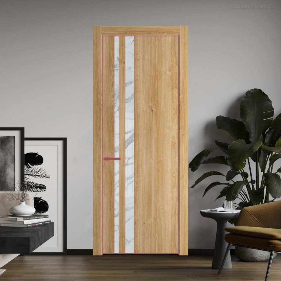 Межкомнатная дверь ProfilDoors 20 NE Дуб Карамель с кромкой Красный антрацит с стекляной вставкой нефи белый узор серебро