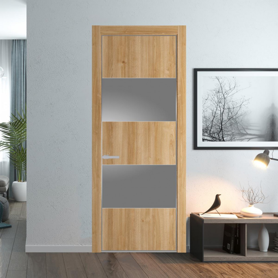 Межкомнатная дверь ProfilDoors 22NA Дуб Карамель профиль Серебро вставка Lacobel Серебряный лак