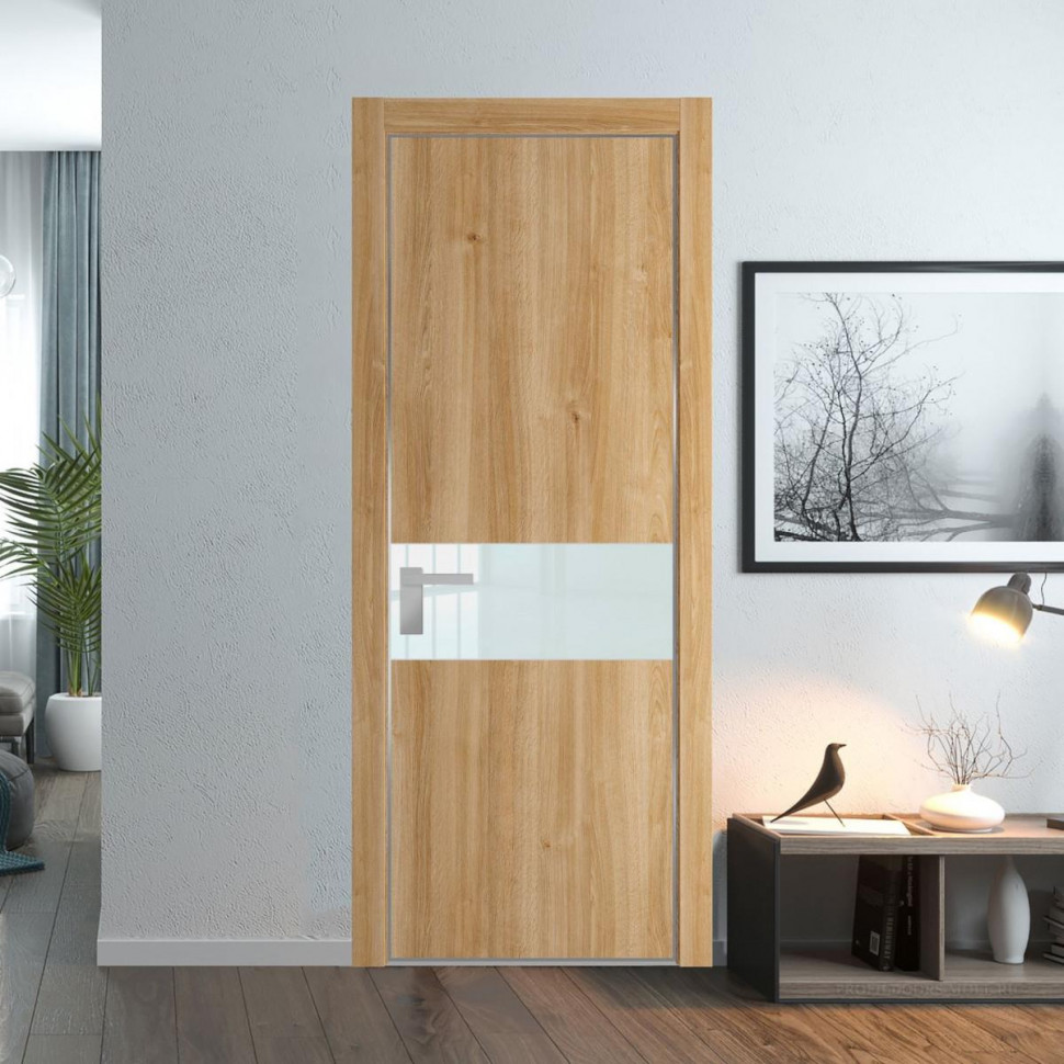 Межкомнатная дверь ProfilDoors 17 NE Дуб Карамель с кромкой Серебро с стекляной вставкой белый лак