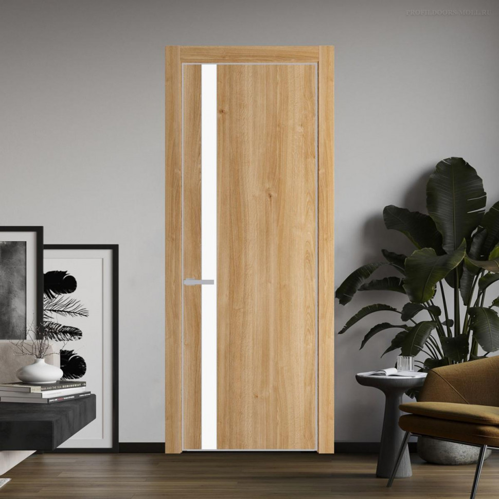 Межкомнатная дверь ProfilDoors 18 NE Дуб Карамель с кромкой Матовая с стекляной вставкой монохром белый просветленный