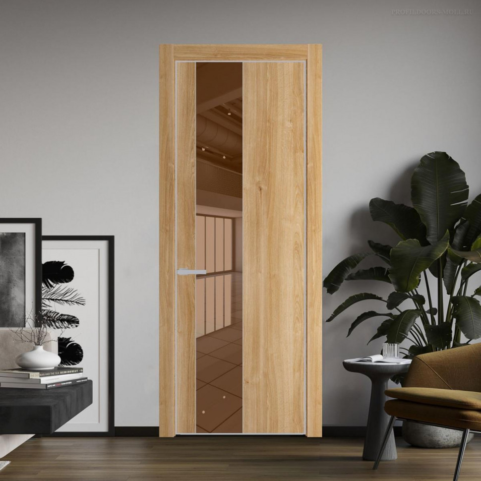 Межкомнатная дверь ProfilDoors 19 NE Дуб Карамель с кромкой Матовая с стекляной вставкой зеркало bronze