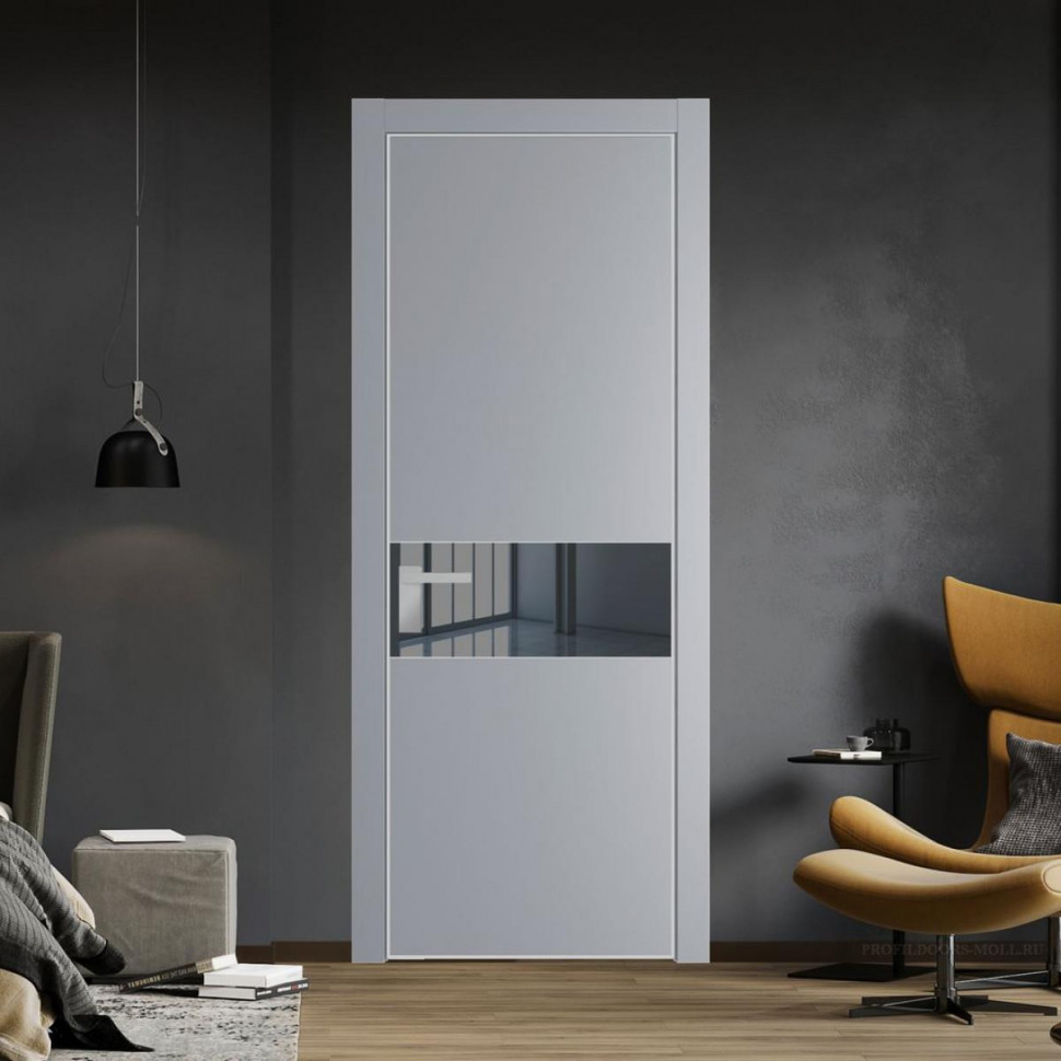 Межкомнатная дверь ProfilDoors 17 PE с вставкой из стекла зеркало grey Смоки с алюминиевой кромкой Матовая
