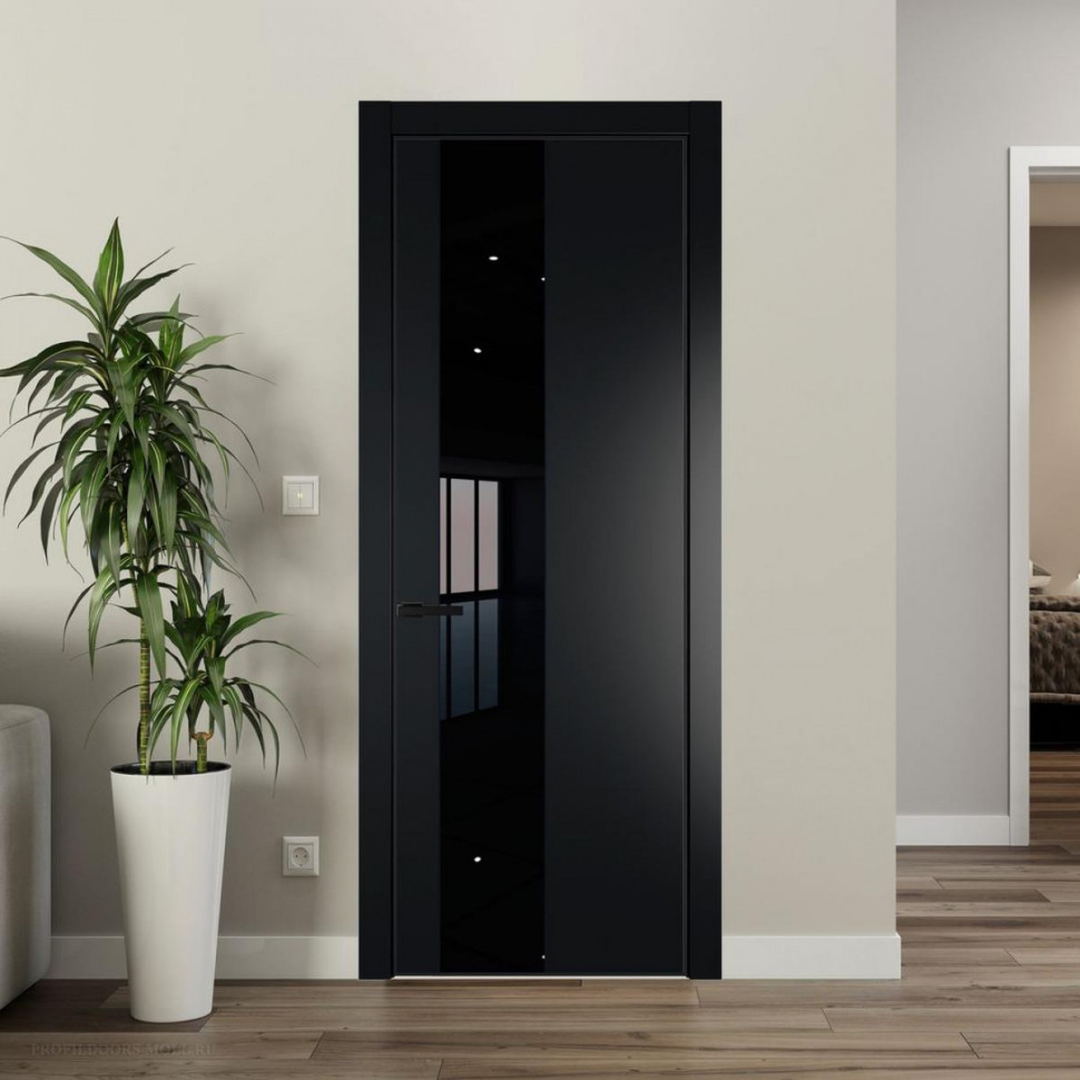 Межкомнатная дверь ProfilDoors 19 PE с вставкой из стекла черный лак Блэк с алюминиевой кромкой Черный