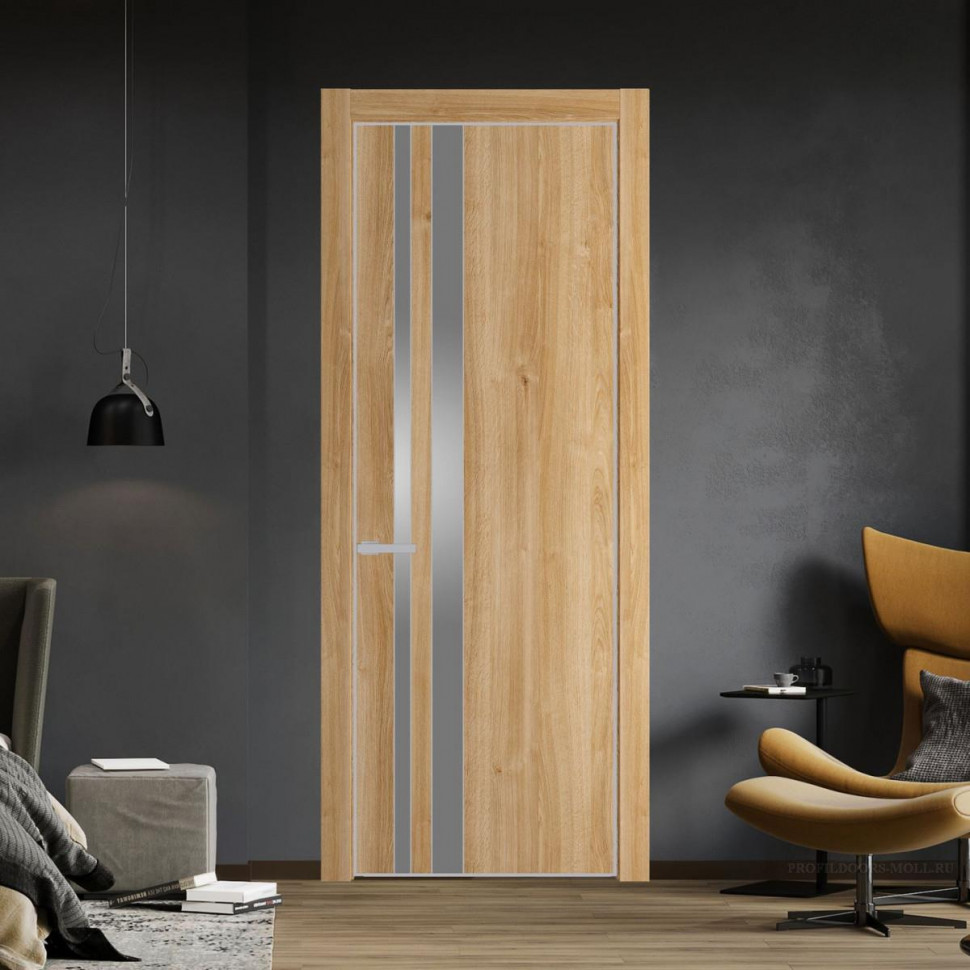Межкомнатная дверь ProfilDoors 20 NE Дуб Карамель с кромкой Матовая с стекляной вставкой серебро матлак