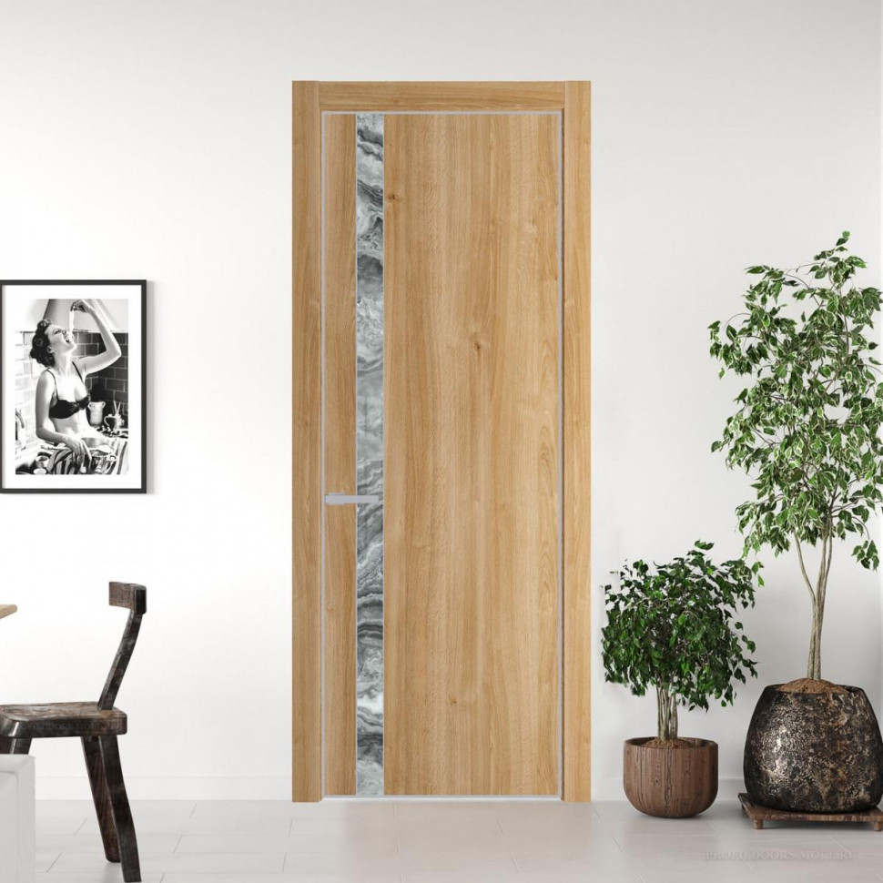 Межкомнатная дверь ProfilDoors 18 NE Дуб Карамель с кромкой Матовая с стекляной вставкой атриум серебро