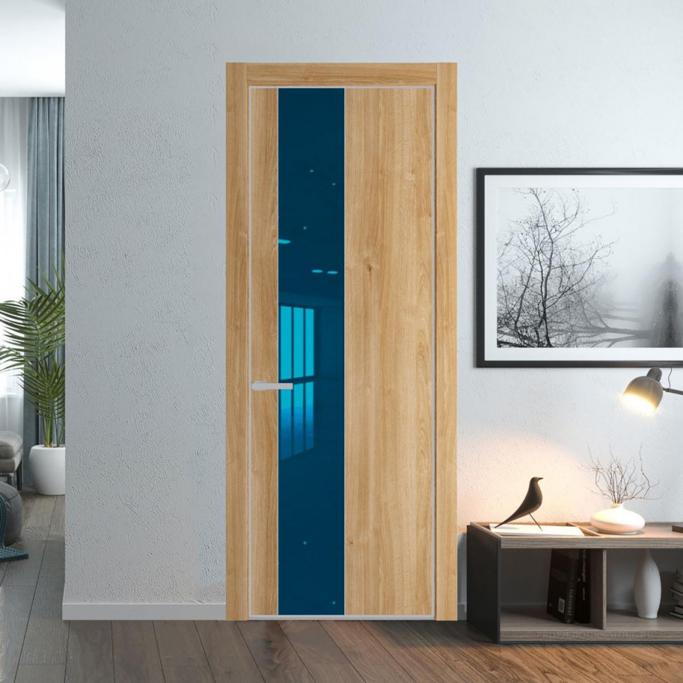 Межкомнатная дверь ProfilDoors 19 NE Дуб Карамель с кромкой Матовая с стекляной вставкой зеркало blue