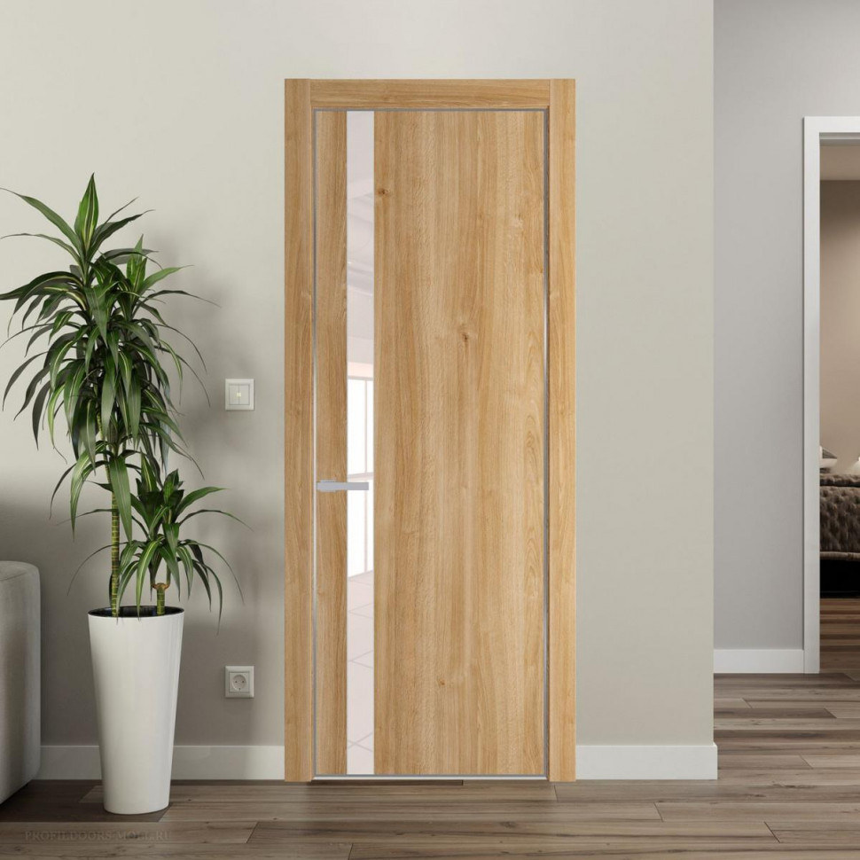 Межкомнатная дверь ProfilDoors 18 NE Дуб Карамель с кромкой Серебро с стекляной вставкой перламутровый лак