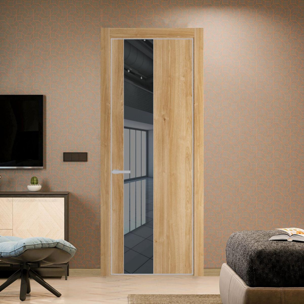 Межкомнатная дверь ProfilDoors 19 NE Дуб Карамель с кромкой Матовая с стекляной вставкой зеркало grey