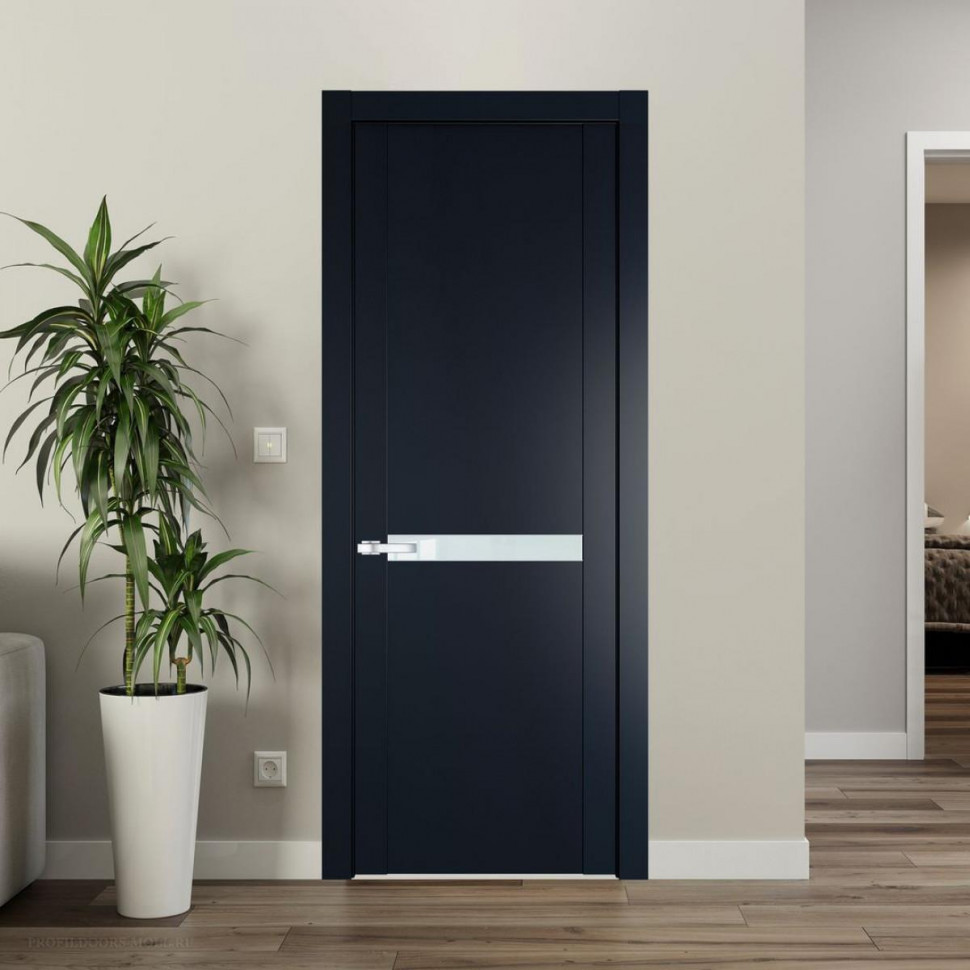 Межкомнатная дверь ProfilDoors 1.4P Нэви Блу Lacobel Белый лак молдинг Серебро