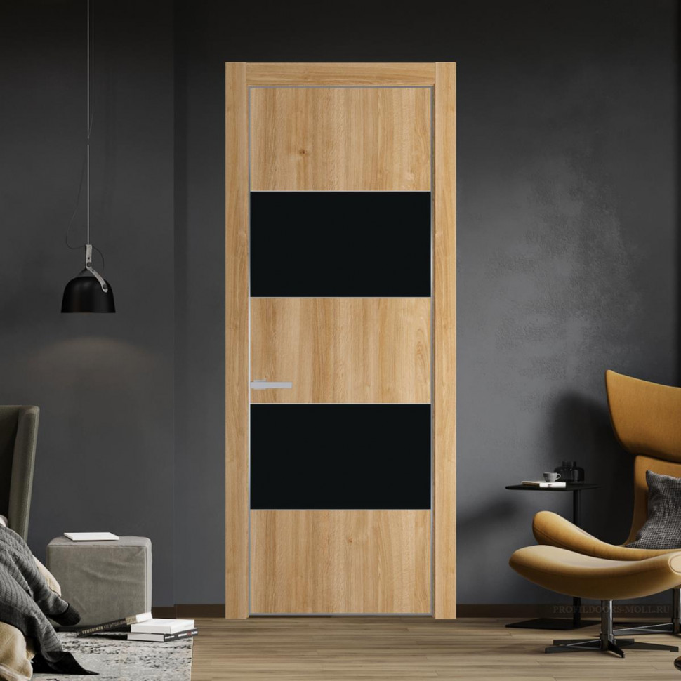 Межкомнатная дверь ProfilDoors 22NA Дуб Карамель профиль Серебро вставка Монохром черный