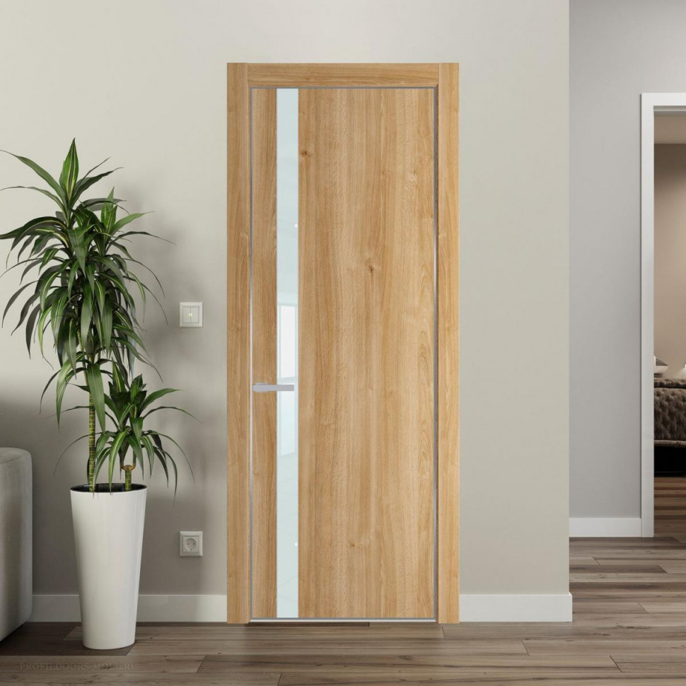 Межкомнатная дверь ProfilDoors 18 NE Дуб Карамель с кромкой Серебро с стекляной вставкой белый лак