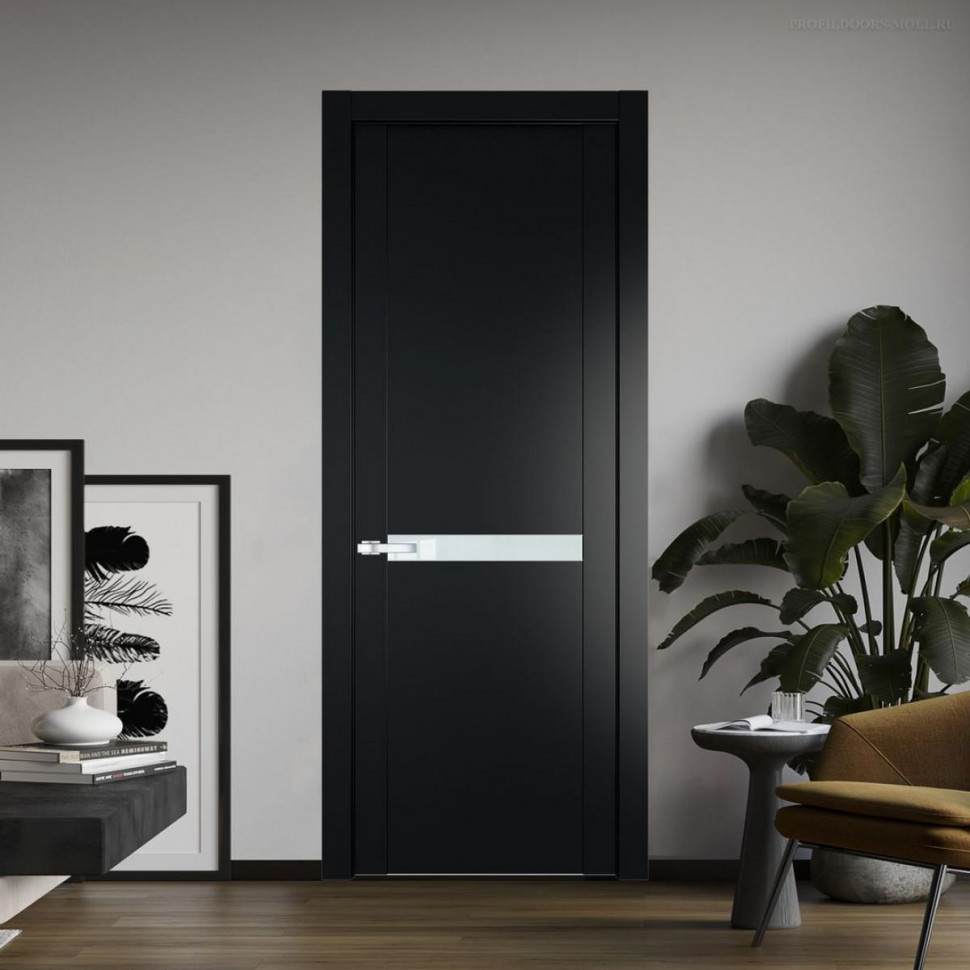 Межкомнатная дверь ProfilDoors 1.4P Блэк Lacobel Белый лак молдинг Серебро