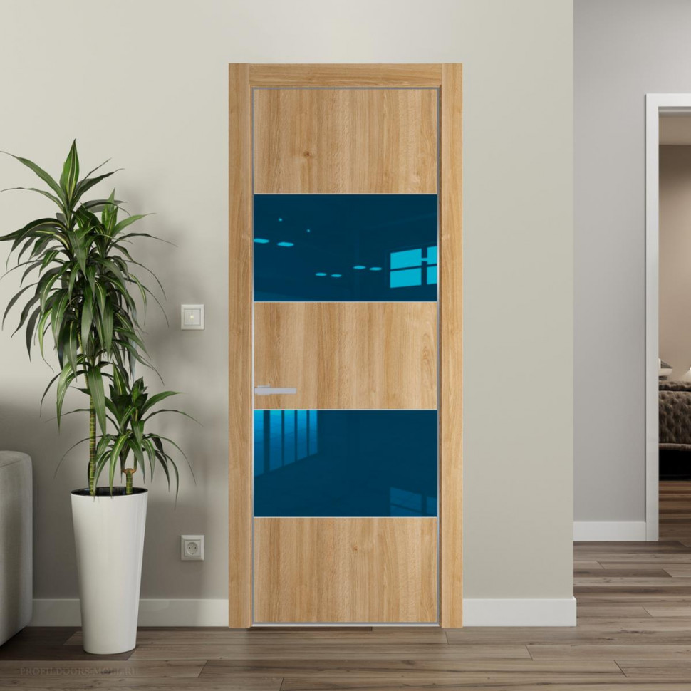 Межкомнатная дверь ProfilDoors 22NA Дуб Карамель профиль Серебро вставка Зеркало Blue