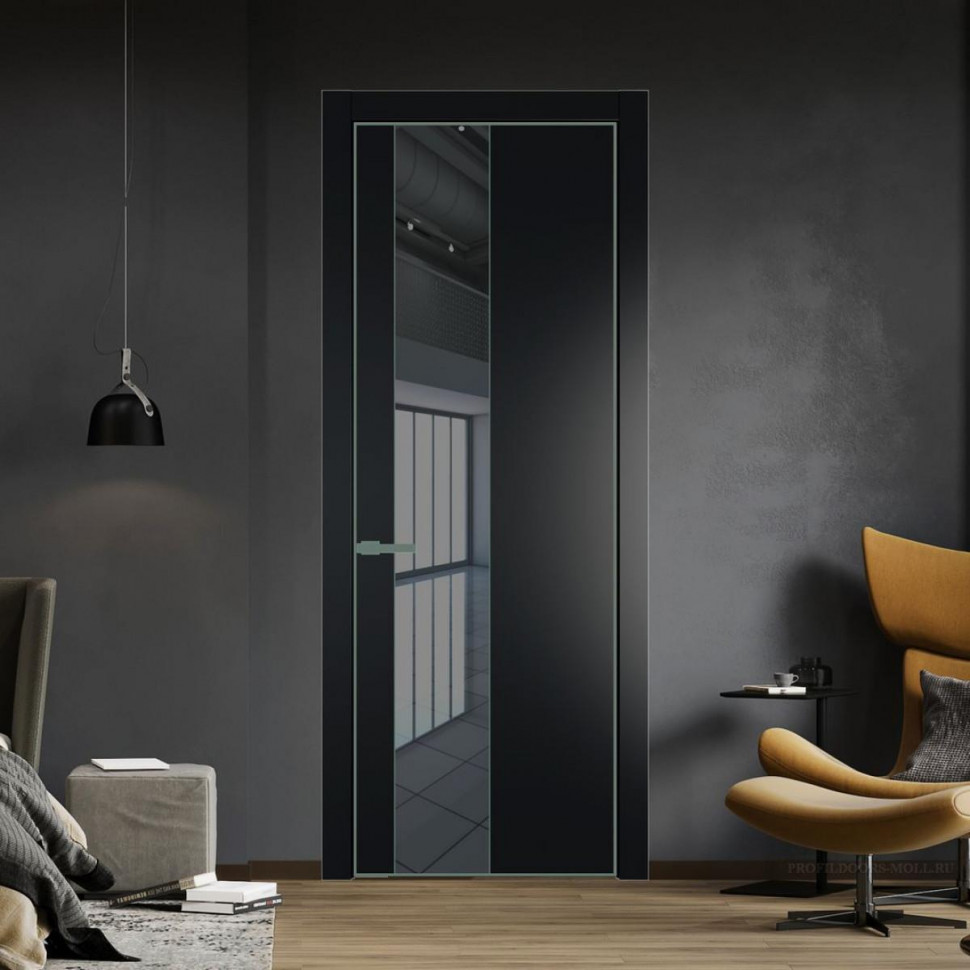 Межкомнатная дверь ProfilDoors 19 PE с вставкой из стекла зеркало grey Блэк с алюминиевой кромкой Зеленый воск