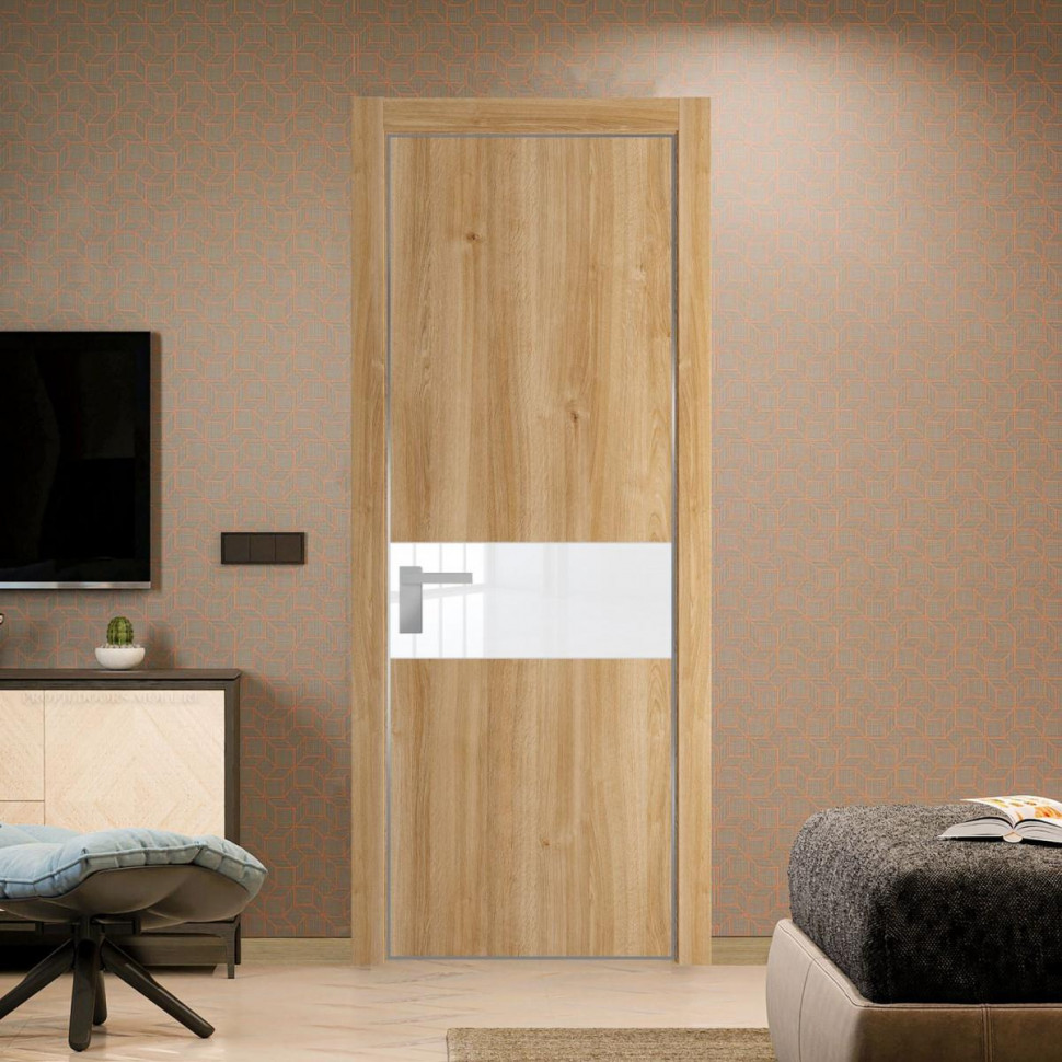 Межкомнатная дверь ProfilDoors 17 NE Дуб Карамель с кромкой Серебро с стекляной вставкой лак классик