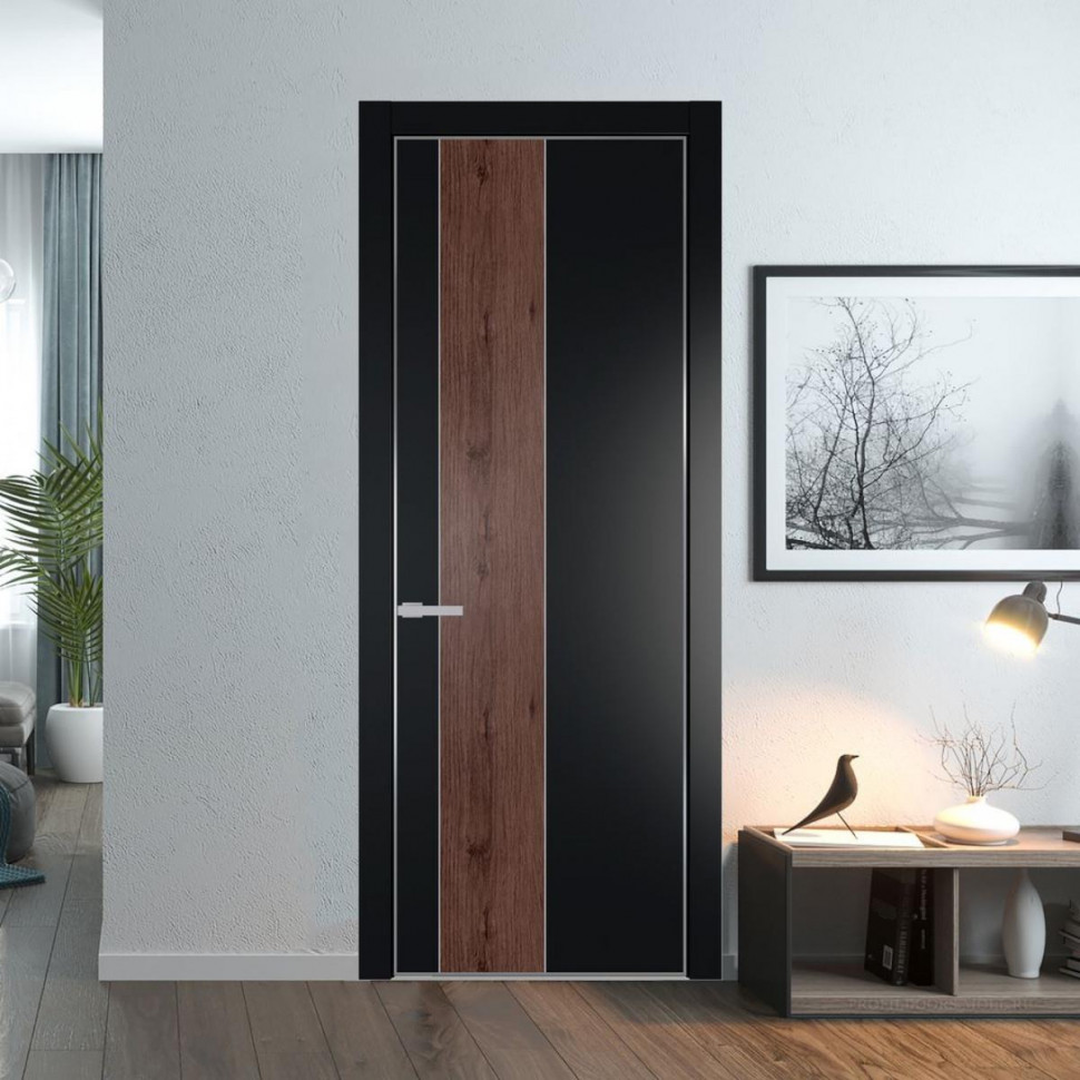 Межкомнатная дверь ProfilDoors 19 PE с вставкой Дуб Тобакко Блэк с алюминиевой кромкой Серебро