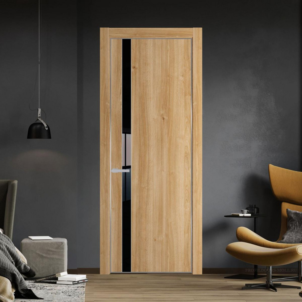 Межкомнатная дверь ProfilDoors 18 NE Дуб Карамель с кромкой Серебро с стекляной вставкой черный лак