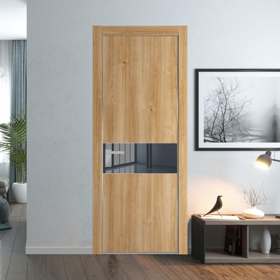 Межкомнатная дверь ProfilDoors 17 NE Дуб Карамель с кромкой Серебро с стекляной вставкой зеркало grey