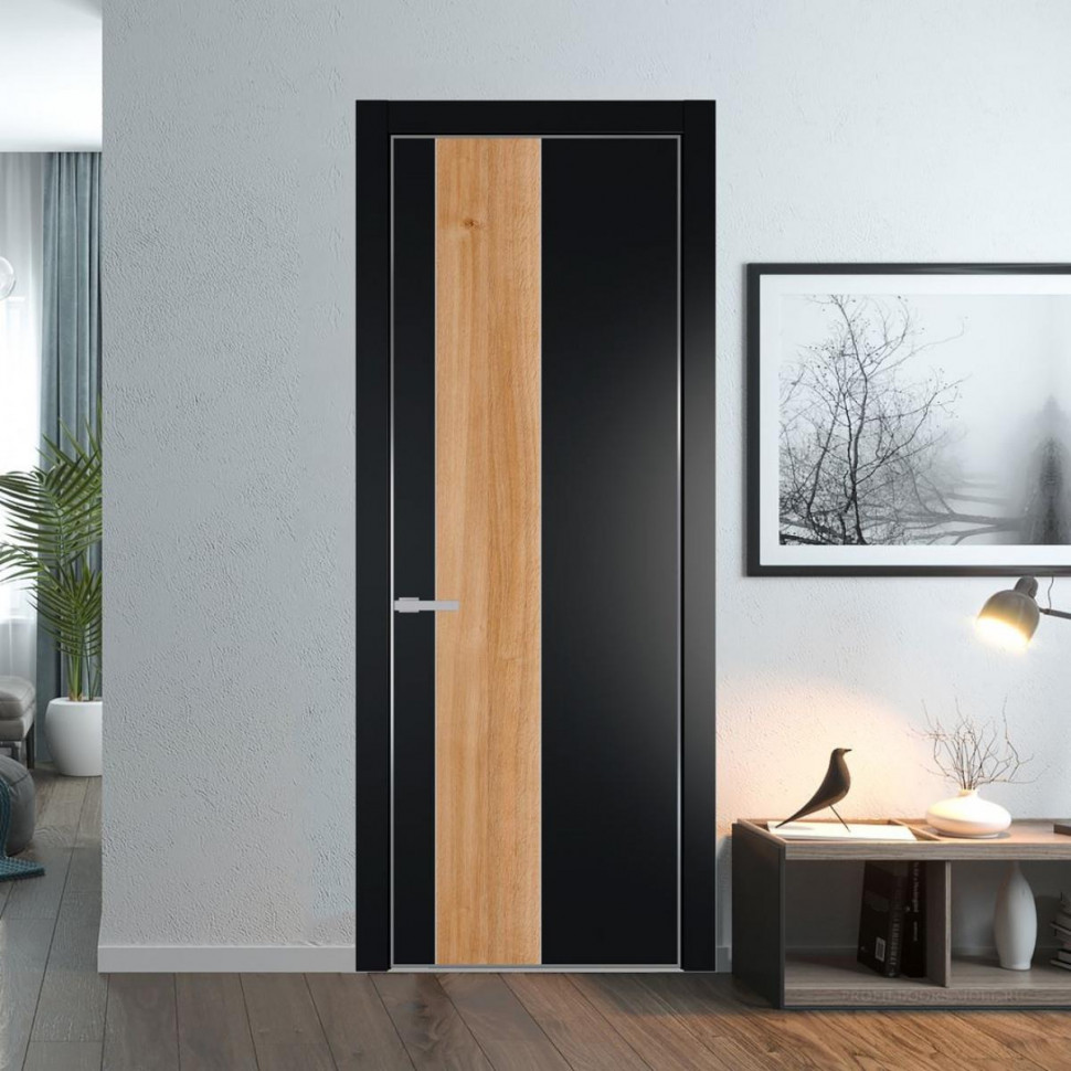Межкомнатная дверь ProfilDoors 19 PE с вставкой Дуб Карамель Блэк с алюминиевой кромкой Серебро