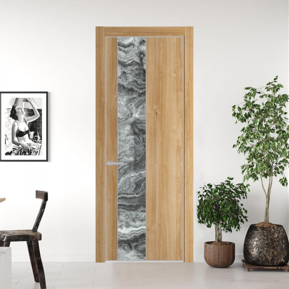 Межкомнатная дверь ProfilDoors 19 NE Дуб Карамель с кромкой Матовая с стекляной вставкой атриум серебро