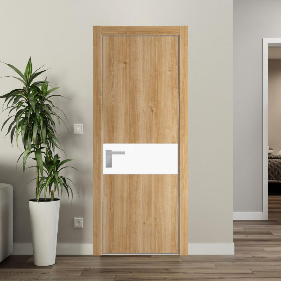 Межкомнатная дверь ProfilDoors 17 NE Дуб Карамель с кромкой Серебро с стекляной вставкой монохром белый просветленный