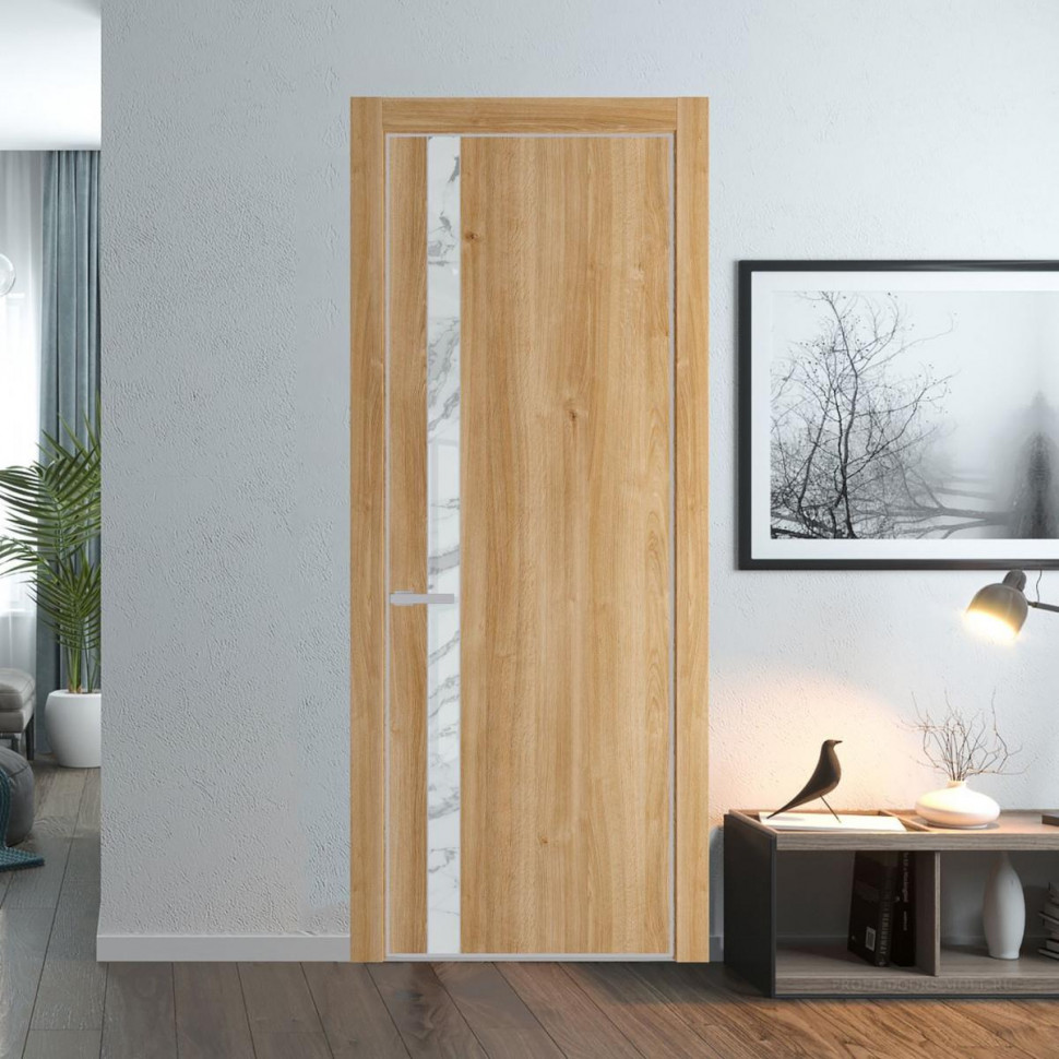 Межкомнатная дверь ProfilDoors 18 NE Дуб Карамель с кромкой Матовая с стекляной вставкой нефи белый узор серебро
