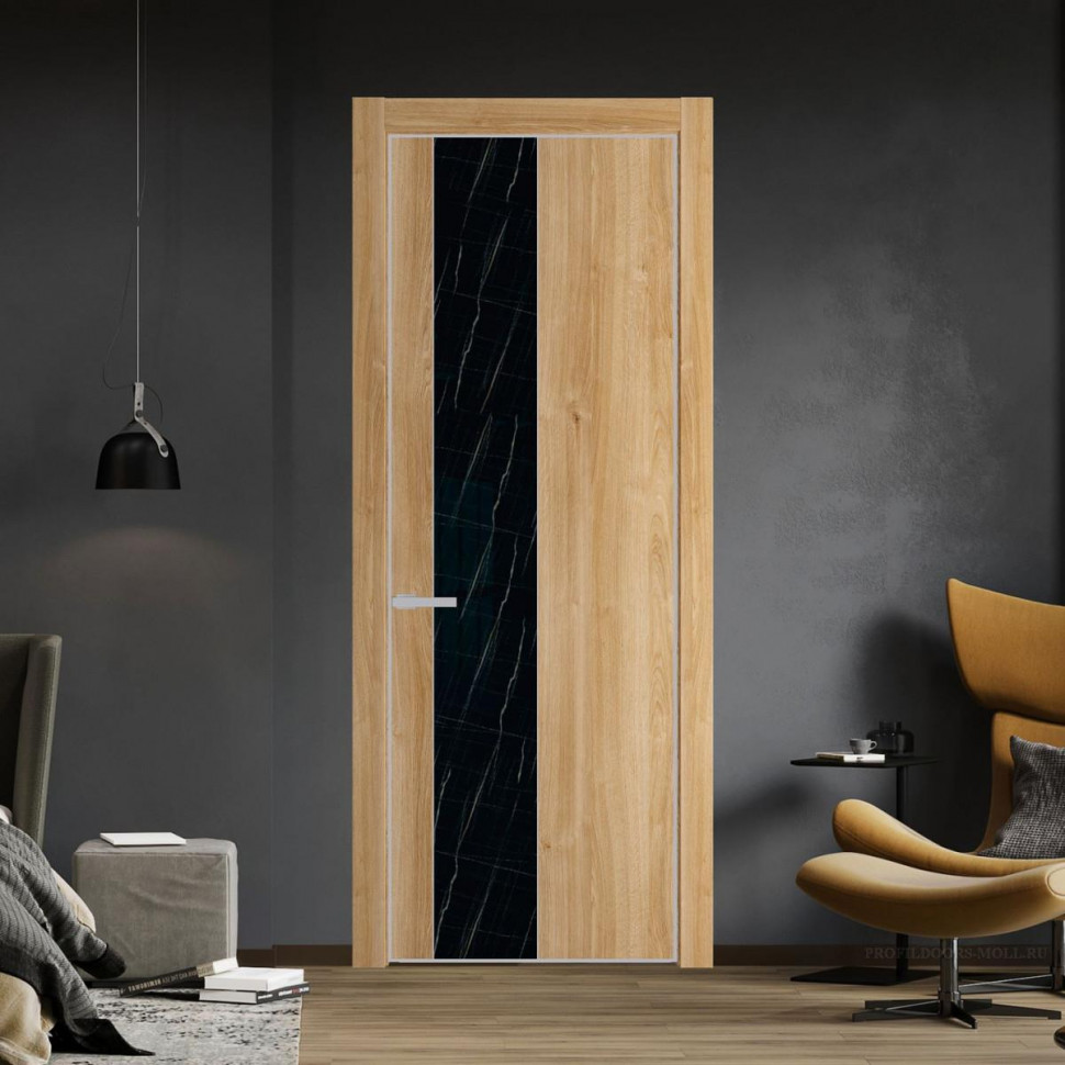 Межкомнатная дверь ProfilDoors 19 NE Дуб Карамель с кромкой Матовая с стекляной вставкой неро мрамор