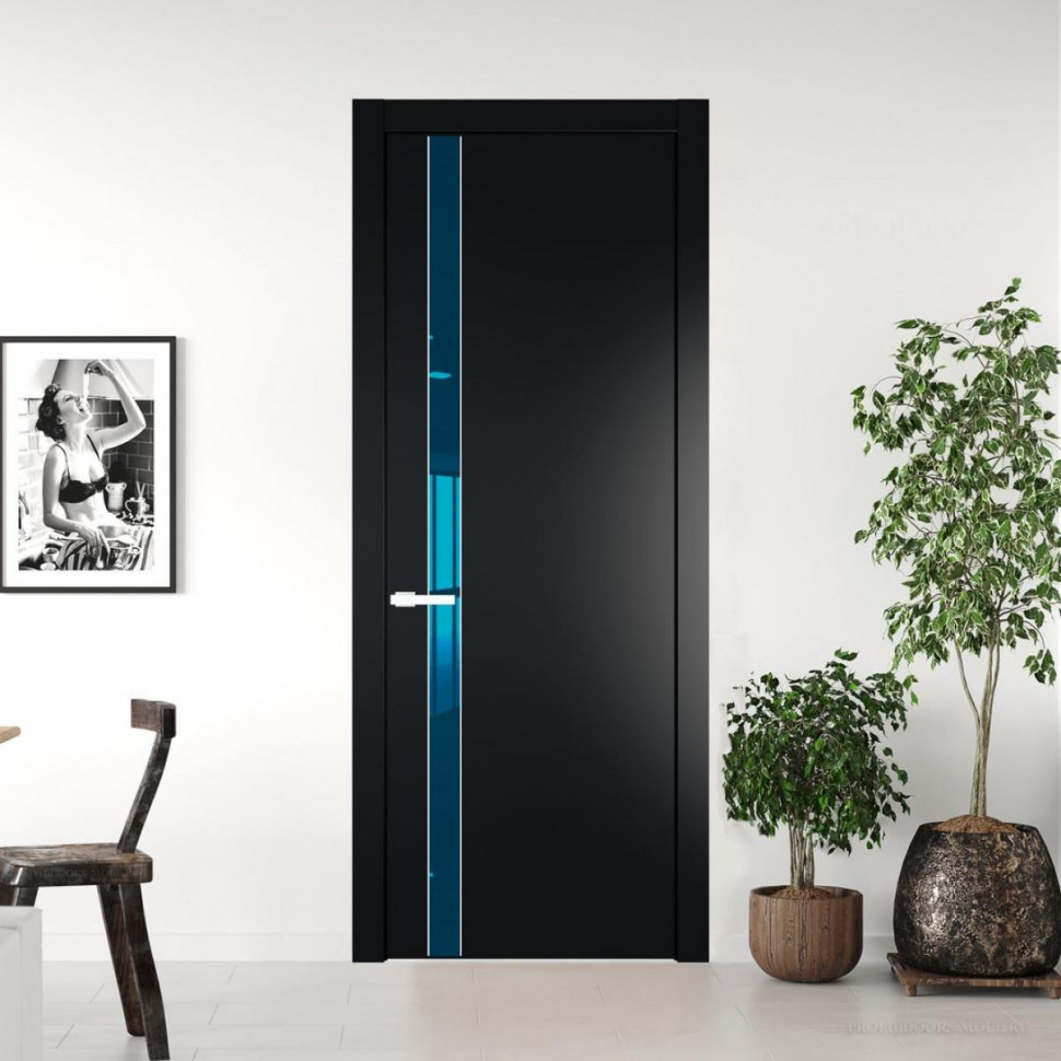 Межкомнатная дверь ProfilDoors 18 PW Блэк Зеркало Blue молдинг Вайт