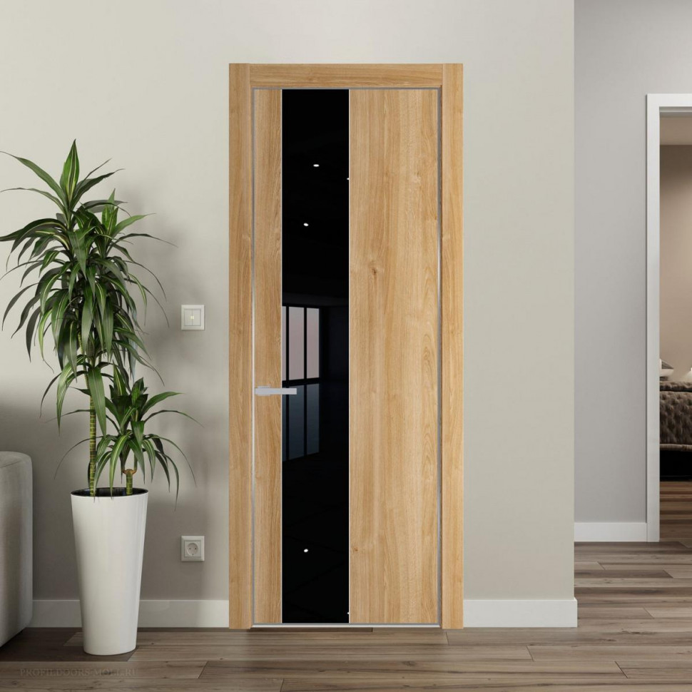 Межкомнатная дверь ProfilDoors 19 NE Дуб Карамель с кромкой Серебро с стекляной вставкой черный лак