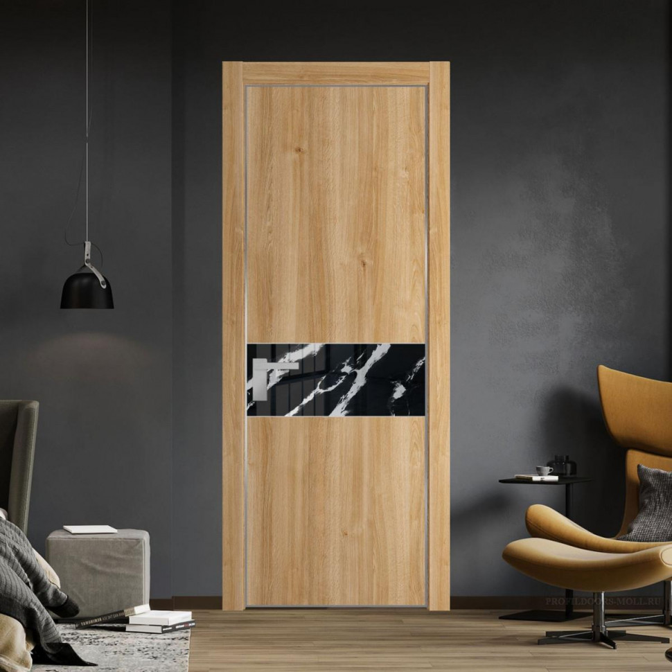 Межкомнатная дверь ProfilDoors 17 NE Дуб Карамель с кромкой Серебро с стекляной вставкой нефи черный узор серебро