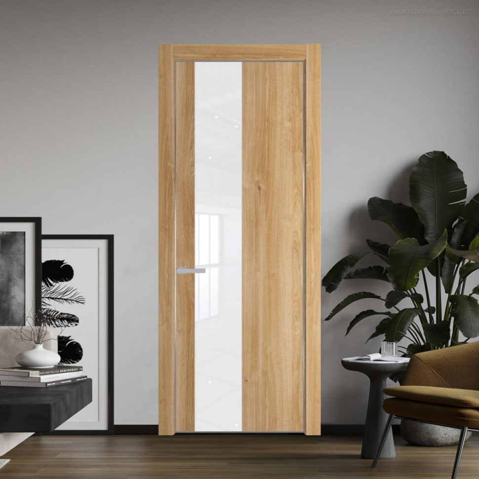 Межкомнатная дверь ProfilDoors 19 NE Дуб Карамель с кромкой Серебро с стекляной вставкой лак классик