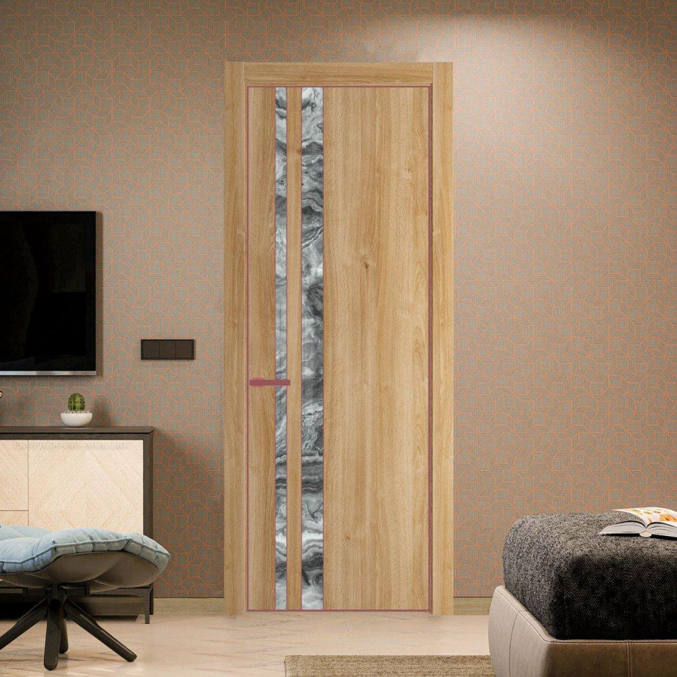 Межкомнатная дверь ProfilDoors 20 NE Дуб Карамель с кромкой Красный антрацит с стекляной вставкой атриум серебро