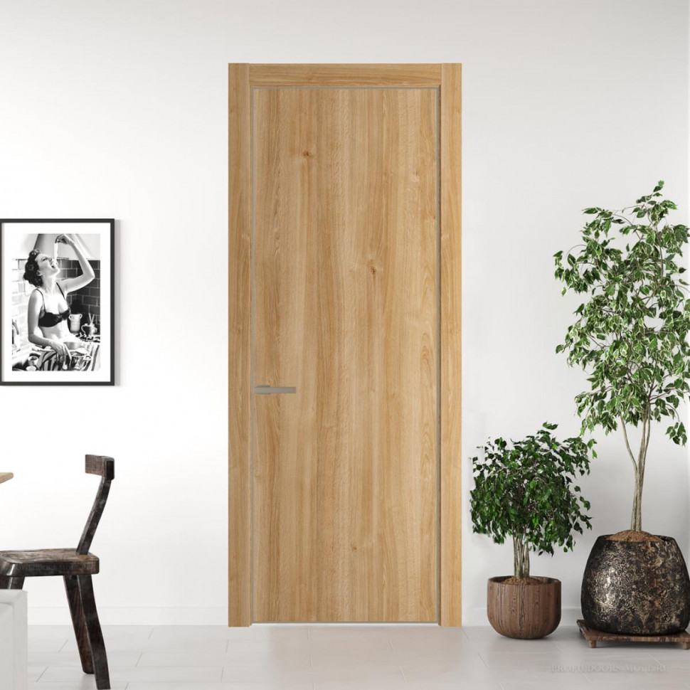 Межкомнатная дверь ProfilDoors 1NA Дуб Карамель профиль Никель матовый вставка Глухая