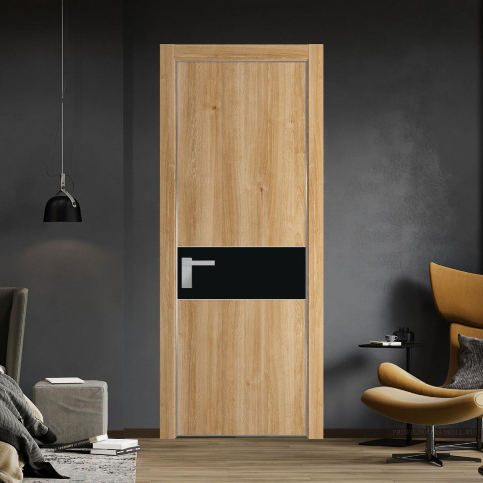 Межкомнатная дверь ProfilDoors 17 NE Дуб Карамель с кромкой Серебро с стекляной вставкой монохром черный