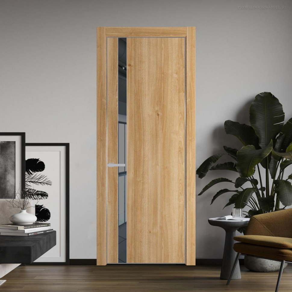 Межкомнатная дверь ProfilDoors 18 NE Дуб Карамель с кромкой Серебро с стекляной вставкой зеркало grey