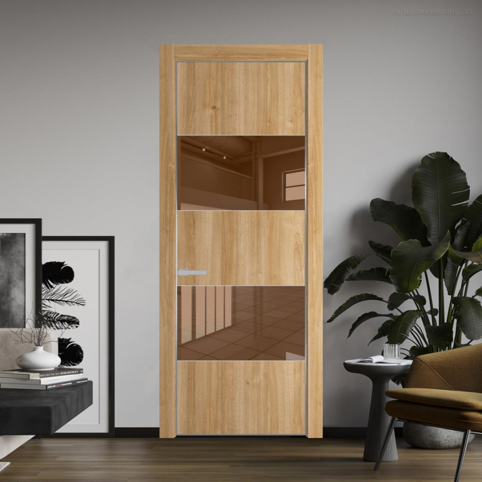 Межкомнатная дверь ProfilDoors 22NA Дуб Карамель профиль Серебро вставка Зеркало Bronza