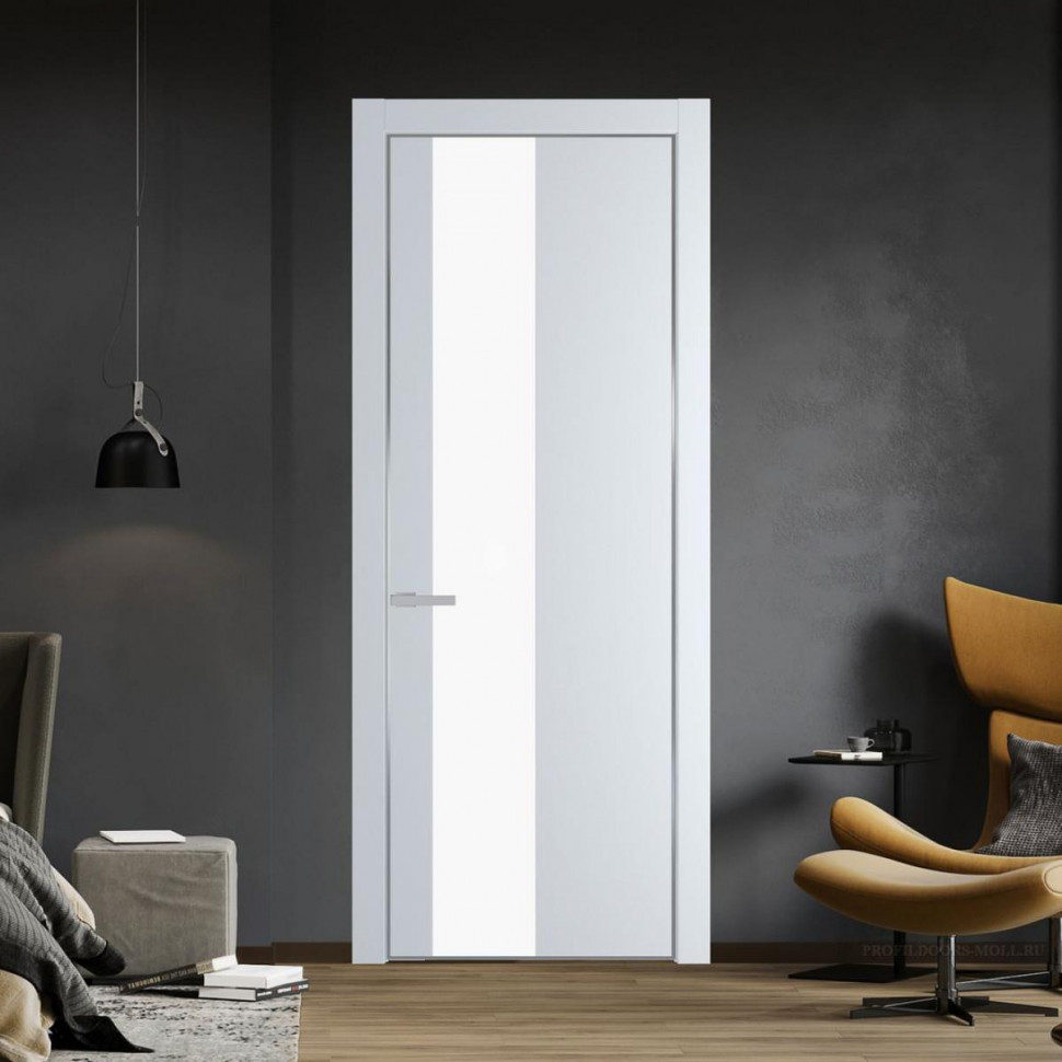 Межкомнатная дверь ProfilDoors 19 PE с вставкой из стекла монохром белый просветленный Вайт с алюминиевой кромкой Серебро