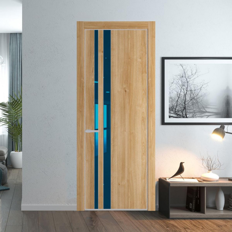 Межкомнатная дверь ProfilDoors 20 NE Дуб Карамель с кромкой Матовая с стекляной вставкой зеркало blue