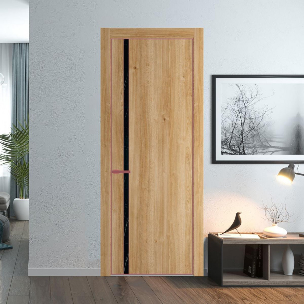 Межкомнатная дверь ProfilDoors 21 NE Дуб Карамель с кромкой Красный антрацит с стекляной вставкой неро мрамор