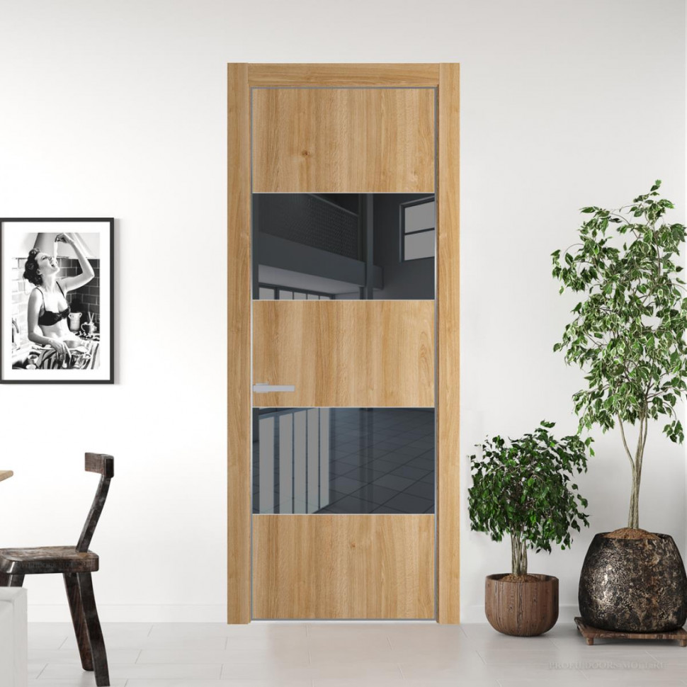 Межкомнатная дверь ProfilDoors 22NA Дуб Карамель профиль Серебро вставка Зеркало Grey