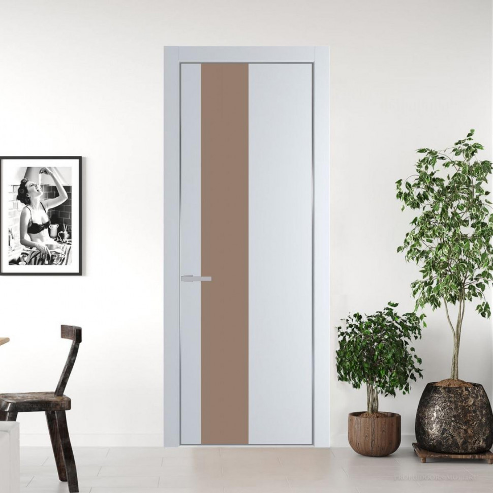 Межкомнатная дверь ProfilDoors 19 PE с вставкой из стекла монохром капучино Вайт с алюминиевой кромкой Серебро