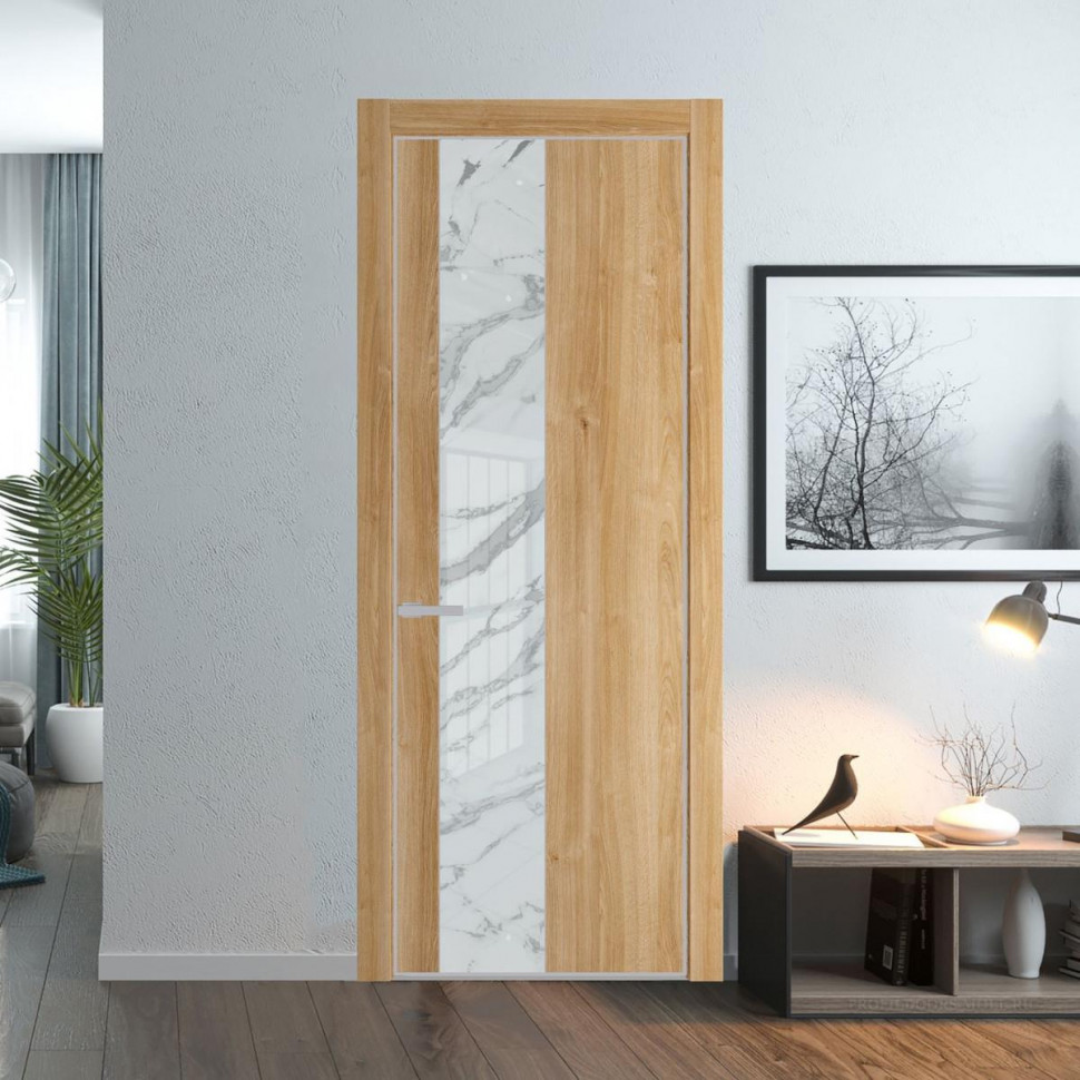 Межкомнатная дверь ProfilDoors 19 NE Дуб Карамель с кромкой Матовая с стекляной вставкой нефи белый узор серебро
