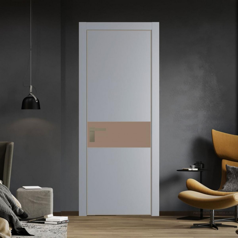 Межкомнатная дверь ProfilDoors 17 PE с вставкой из стекла монохром капучино Смоки с алюминиевой кромкой Никель