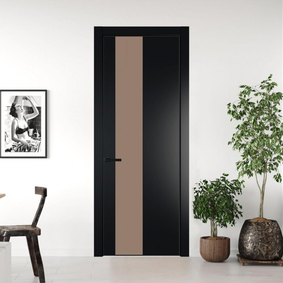 Межкомнатная дверь ProfilDoors 19 PE с вставкой из стекла монохром капучино Блэк с алюминиевой кромкой Черный