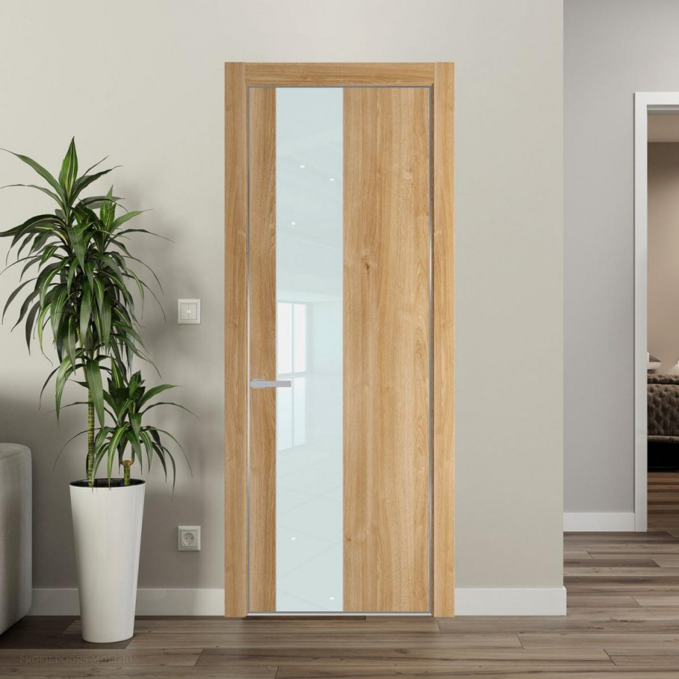 Межкомнатная дверь ProfilDoors 19 NE Дуб Карамель с кромкой Серебро с стекляной вставкой белый лак